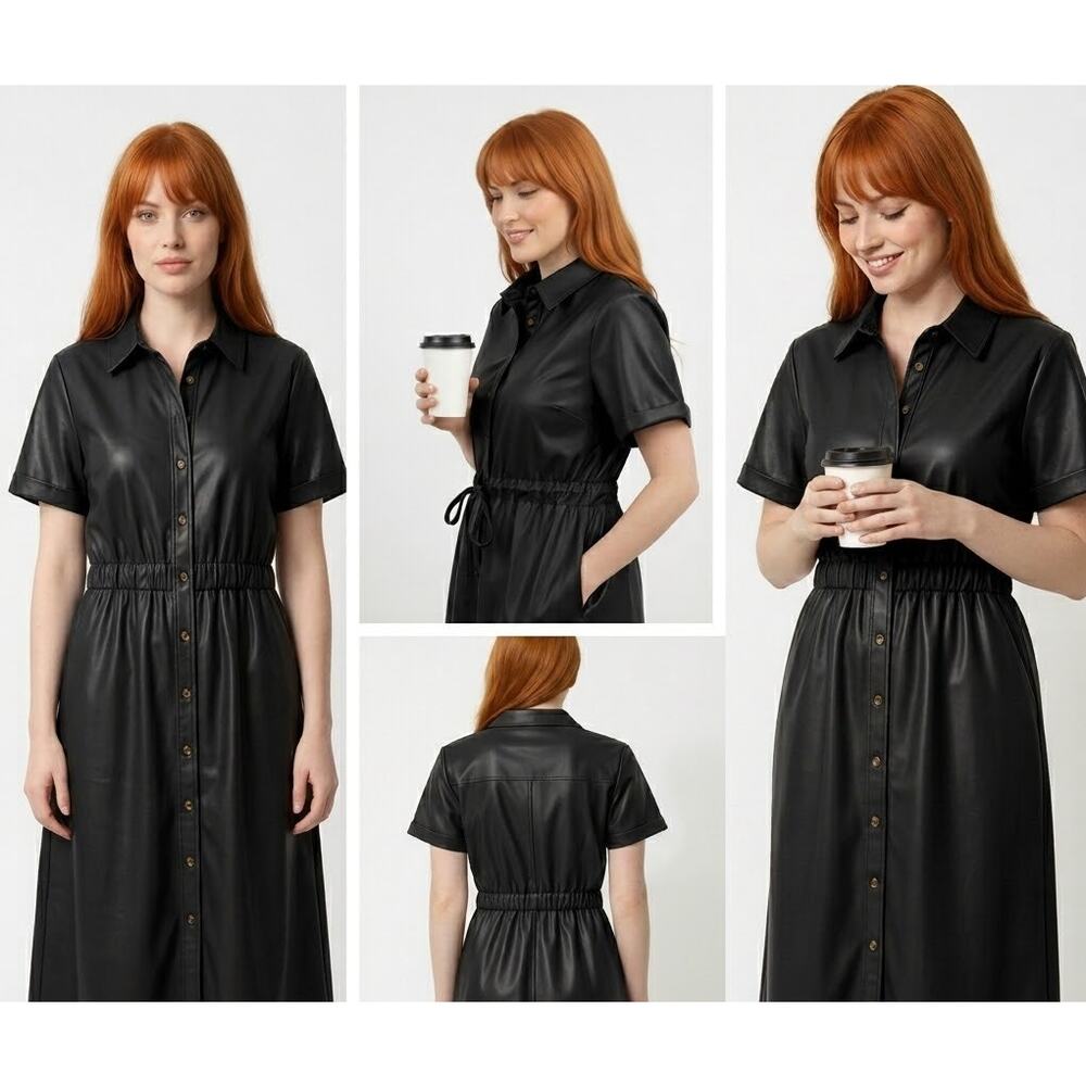 Who What Wear Short Sleeve Dress Black XXL, Faux Leather, Retro-Inspired - Picture 4 of 6